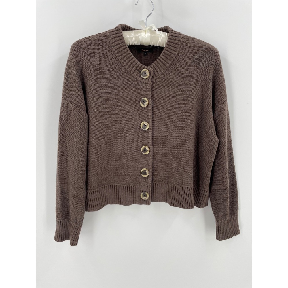 Quince Womens Large Organic Cotton Cropped Cardigan Heather Brown Button Knit